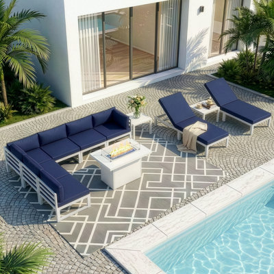11 Pieces Modern Aluminum Patio Furniture Set With Fire Table, Outdoor Modular Sectional Conversation Set With Patio Chaise Lounges