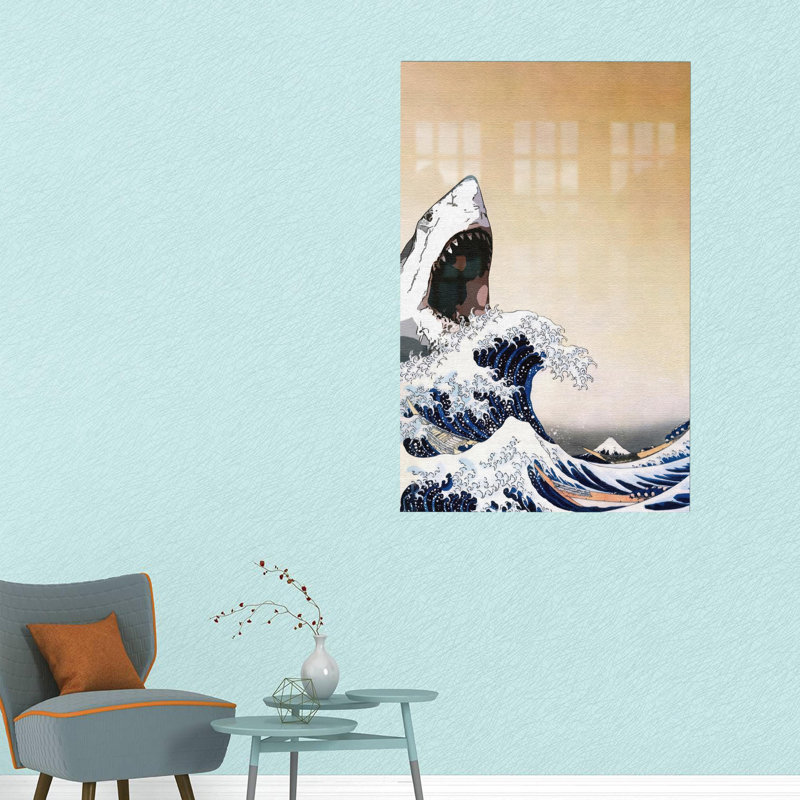 Abstract Shark And Wave Imagery For Modern Bohemian Wedding Decor Or Room Wall Art Printed On Glass, 59.1" H x 35.4" W