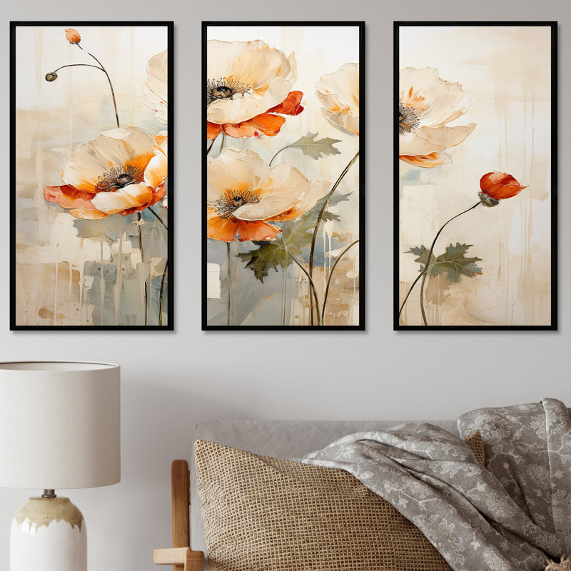Ensemble de décorations murales Beige Poppy Meadow Melody II - Coquelicots, Cadre flottant noir, H 32 po x l 48 po x P 1 po