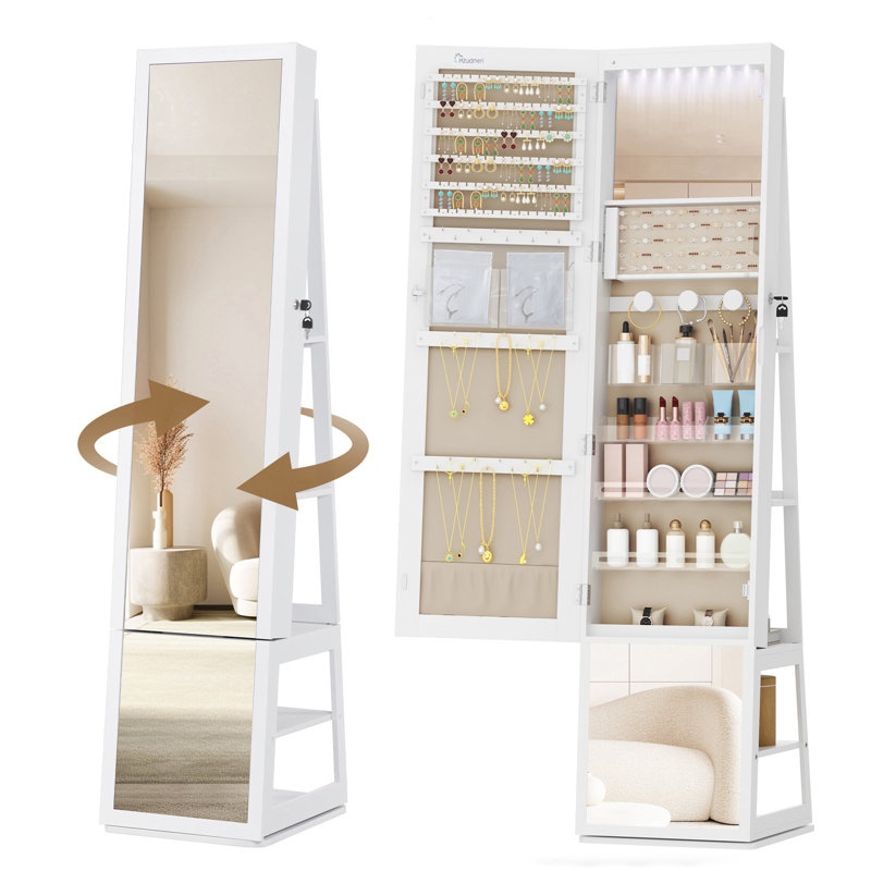 Mirror Jewellery Cabinet, Standing Jewellery Organiser with 360° Rotating Base, Full Length Lockable Mirror, Large 4-Tier Storage Compartments, Multifunctional, White and Beige