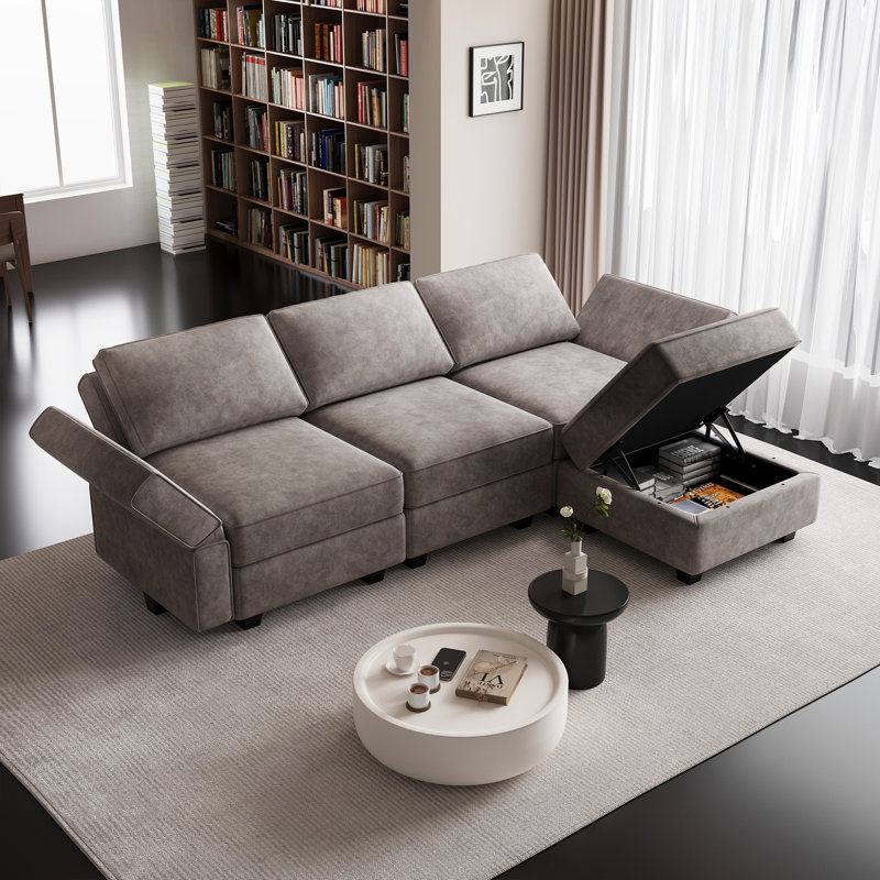 Nakash L-Shaped Sectional Modular Sofa with Storage Ottoman, Gray Velvet