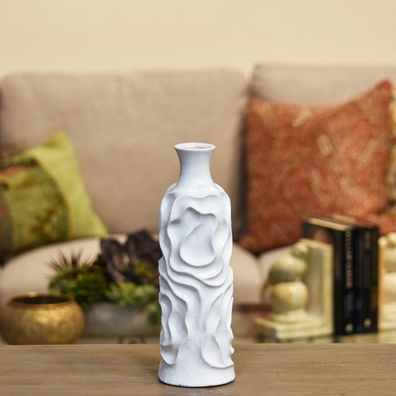 Vase de table rond en céramique, 12" H x 3,75" L x 3,75" D, blanc