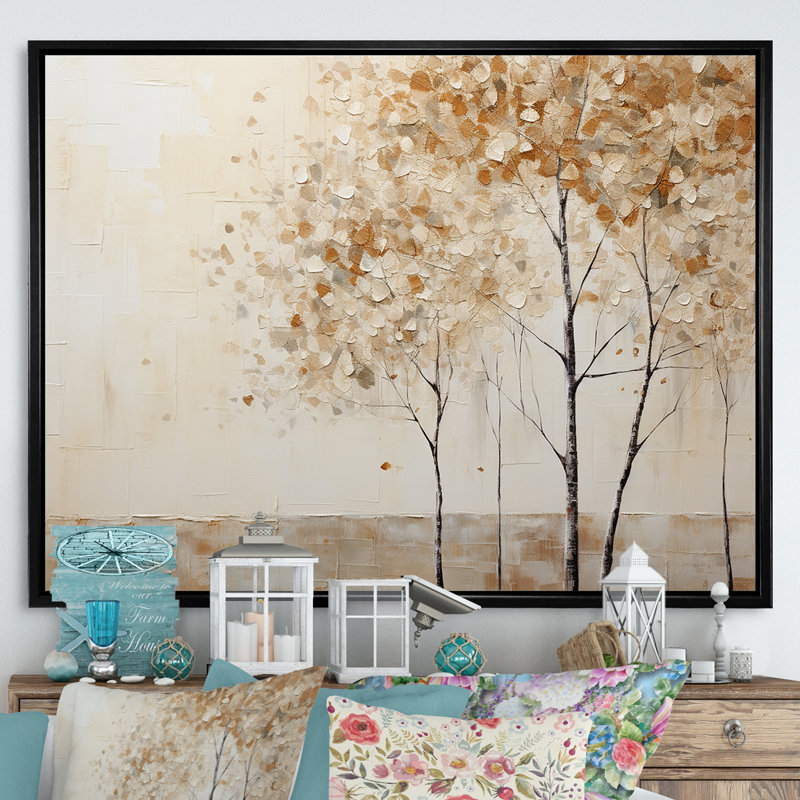 Harmonisation des arbres beiges IV sur toile, Cadre flottant noir, H 16 po x l 32 po x P 1 po