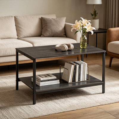 Small Coffee Table For Living Room, 31.3" Modern Industrial Coffee Table With Storage Shelf & Metal Frame, 2-Tier Wood Center Table For Small Spaces Apartment, Home
