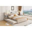 Grand lit plateforme tapissier avec lampes de lecture, tiroirs, gigogne et tablettes, beige-665787051