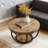 Round Rustic Wood Coffee Table With Black Geometric Metal Frame & Lower Shelf - Industrial Modern Accent Table-1158328453