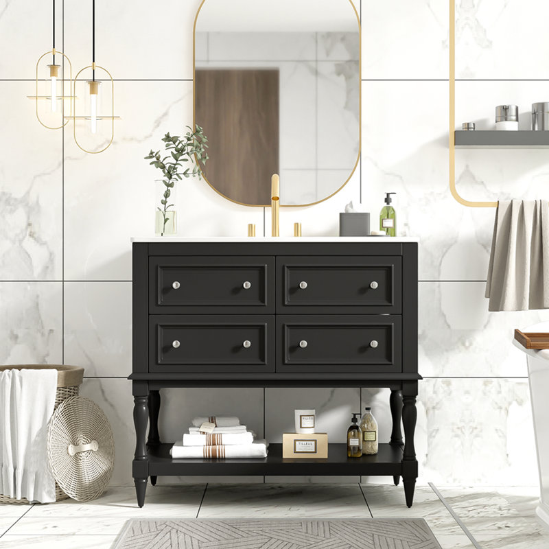 Ensemble de meuble-lavabo avec lavabo 36 po, lavabo en céramique encastré, ensemble de meuble-lavabo autoportant avec 4 tiroirs, meuble-lavabo à cadre en bois massif, noir