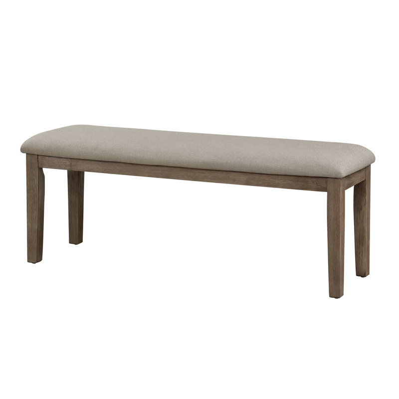 Banc à structure en bois avec revêtement en tissu gris et surface en métal brun brossé pour la salle à manger