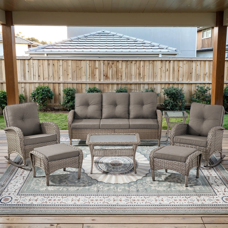 7-Pieces Outdoor Courtyard Wicker Sofa Conversation Set With Rocking Chairs, Gray, Gray