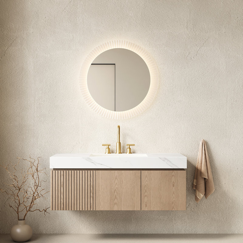 Meuble-lavabo de salle de bain de 122 cm (48 po), pierre frittée blanche, rangement flottant en contreplaqué, lavabo en céramique, 3 trous prépercés pour robinetterie, trou de trop-plein, meuble assemblé, tiroirs et portes de rangement, matériau résistant à l'eau