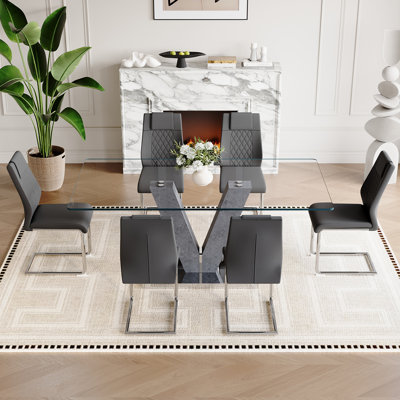 71″ Modern Glass Dining Table Set for 6–8 – Tempered Glass Dining Table with PU Leather Chairs, Stylish Kitchen & Dining Room Set