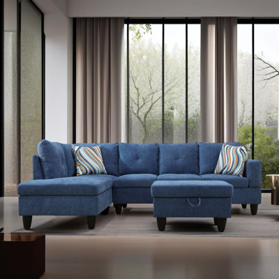 Ensemble de canapé modulaire en lin bleu marine de 103 po avec chaise longue et repose-pieds de rangement 103 po Monaco