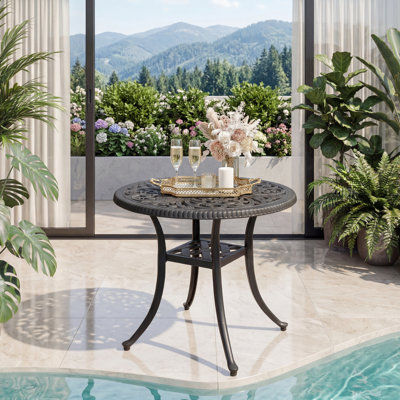 Table de salle à manger extérieure de 21 po avec trou de parasol, table d'appoint ronde en fonte d'aluminium, table de bistro d'extérieur pour les meubles de patio, noir