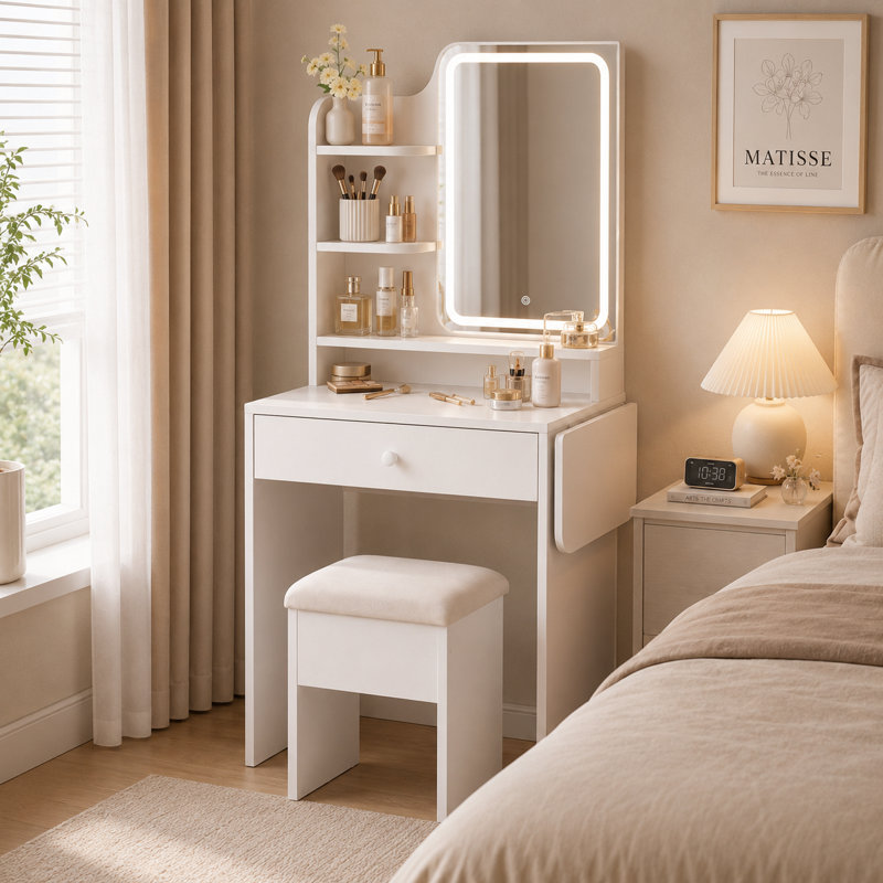 Amisted Small Makeup Vanity with LED Mirror & Outlets, Storage Drawers and 3 Shelves, Storage Stool, Bedroom, White