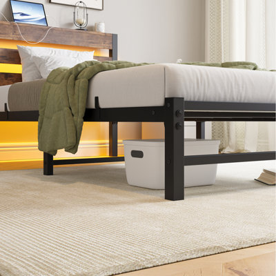 Base de lit simple Structure de lit plateforme robuste avec tête de lit, station de charge USB, lit à DEL, sommier sans sommier, sommier à lattes en acier robuste