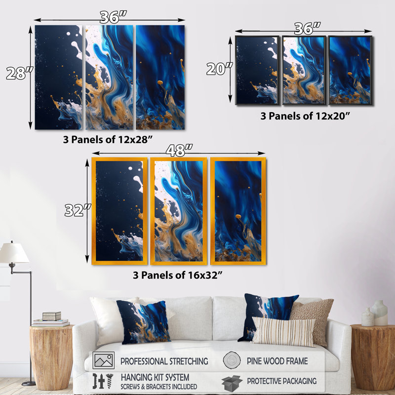 Ice Paint Splash I - 3 pièces, reproduction sur toile, Noir, noir, noir, noir, H 28 po x l 36 po x P 1 po
