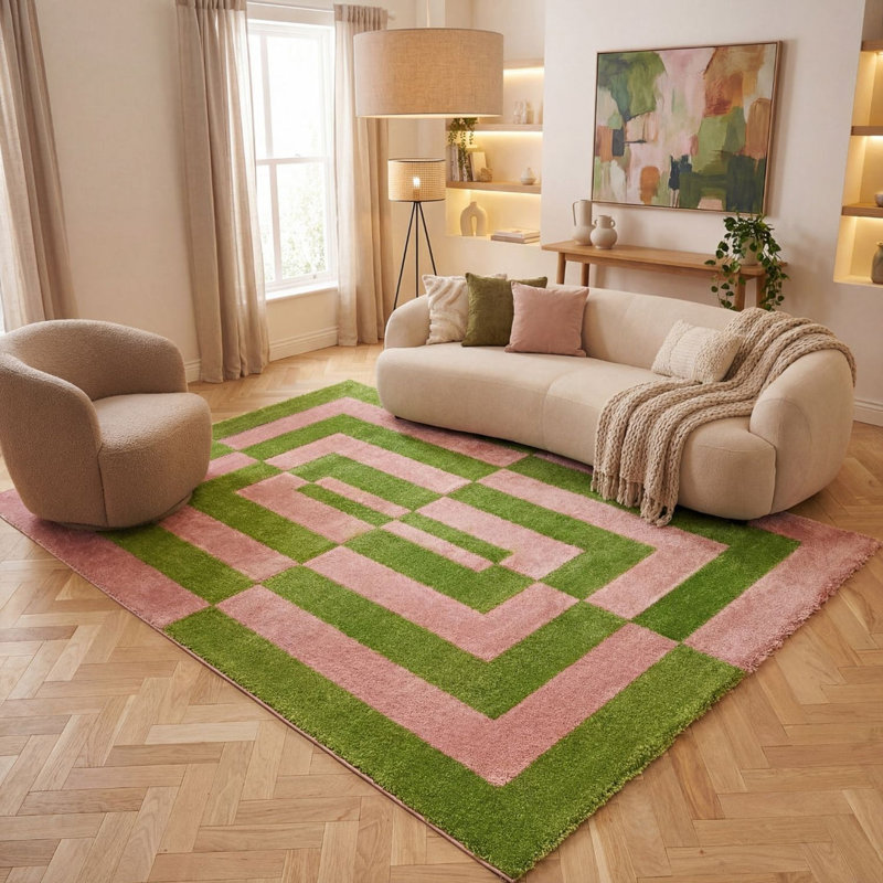 Joli Geometric Area Rug Soft Dense Pile for Living Rooms and Bedrooms, Green/Pink, Rectangle 80 x 150 cm