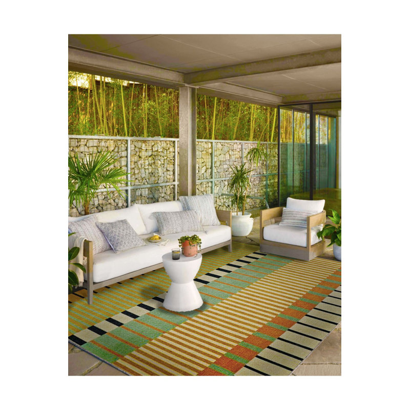 Yellow Geometric Black Striped Patterned Woven Base Washable Rug, Runner 3'3" x 9'10" Rug Pad Included