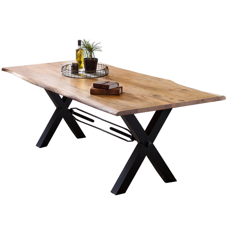 Nakke Acacia Rectangular Wood Top Dining Table with Steel Base, Black