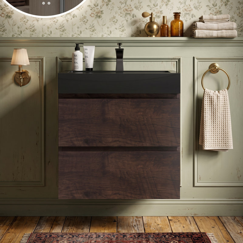 Wall Mounted Single Vanity Bathroom Vanity With Solid Surface Top, Noyer