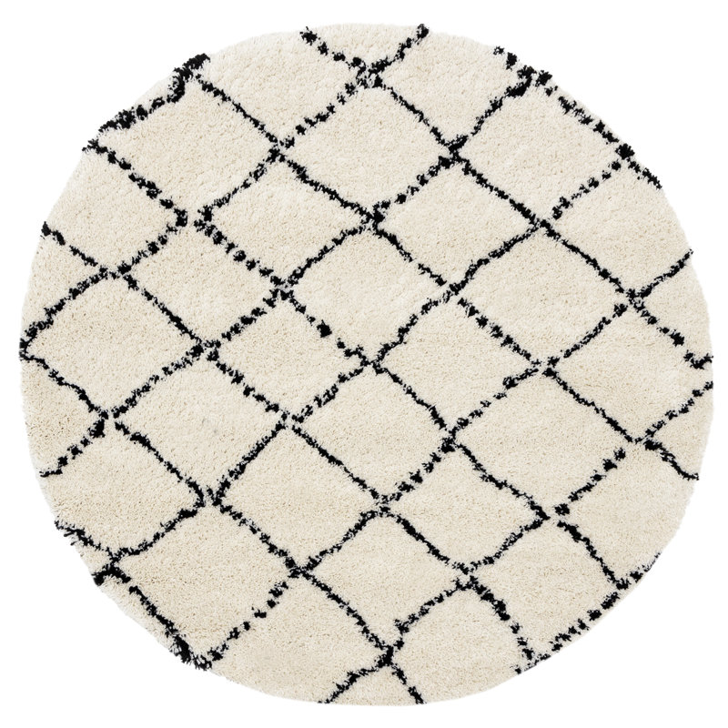 Tapis d'intérieur doux ivoire / noir à motif géométrique Lydon, Rond 5 pi 3 po