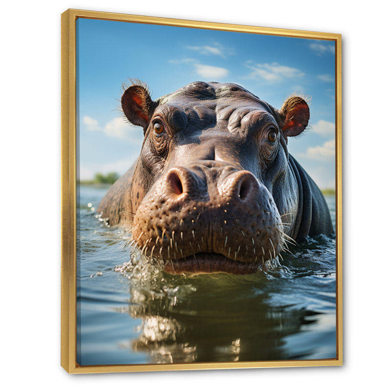 «Bahiyah Animal Hippopotamus Selfy II», reproduction, H 40 po x l 30 po x P 1,5 po, Cadre flottant doré