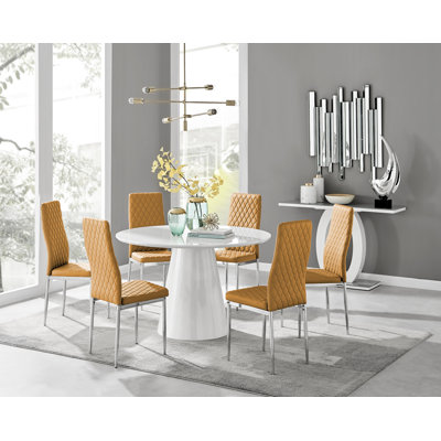 Edward Statement Pedestal Dining Table Set with 6 Luxury Faux Leather Upholstered Dining Chairs