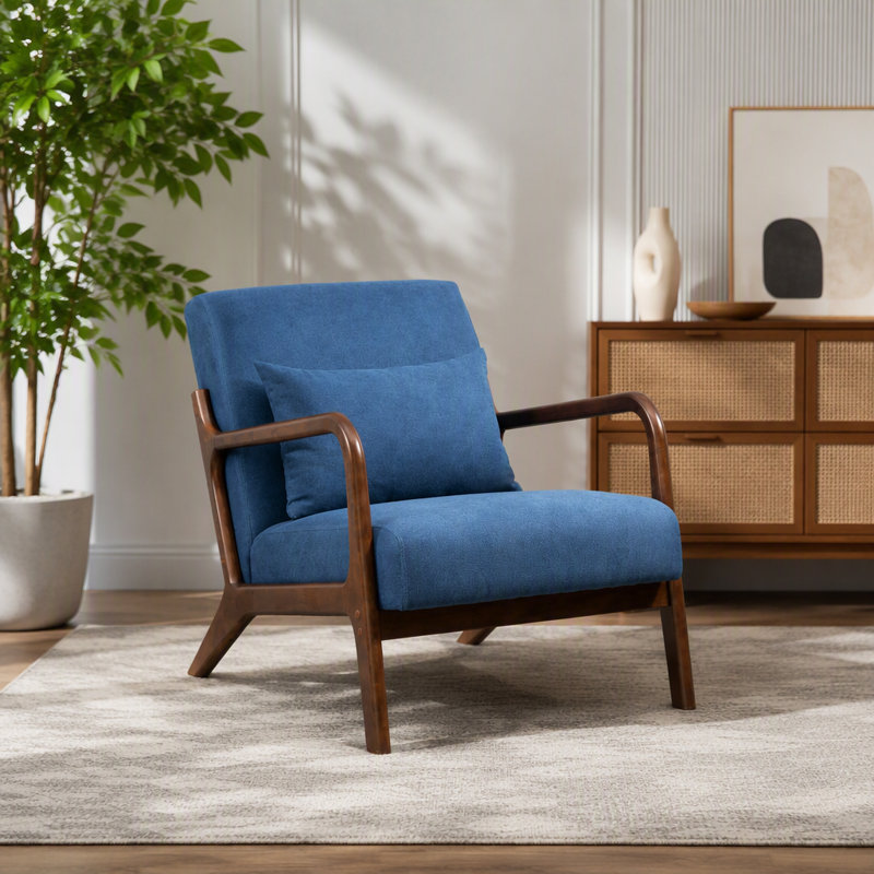 Mid Century Modern Accent Chair With Wood Frame, Upholstered Living Room Chairs With Waist Cushion, Reading Armchair For Bedroom Sunroom