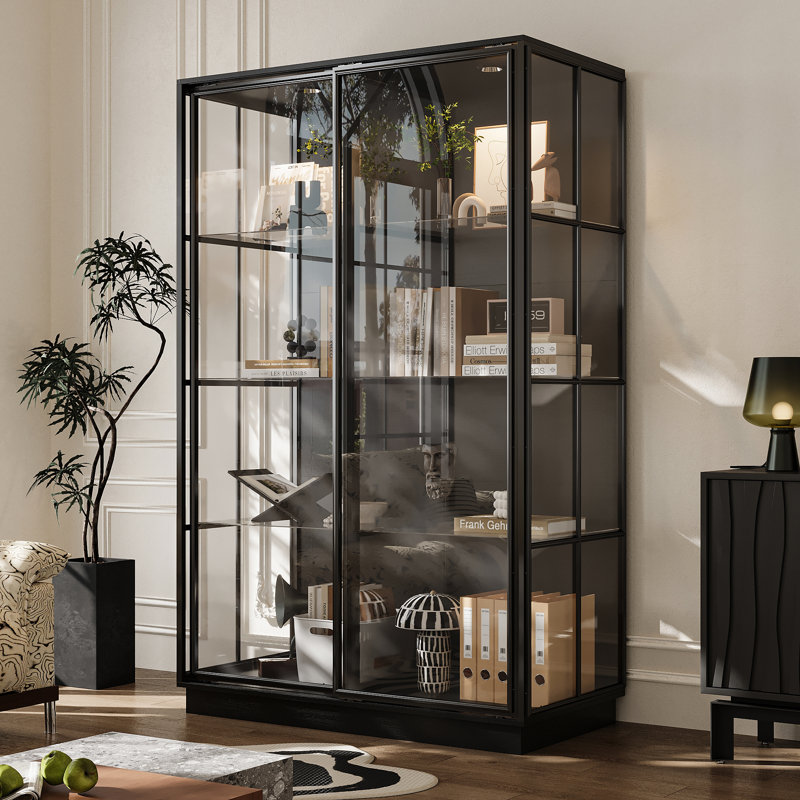 75'' H X 48'' W x 23.6'' D 4-Tier Display Cabinet Bookcase With Glass Doors And LED Light