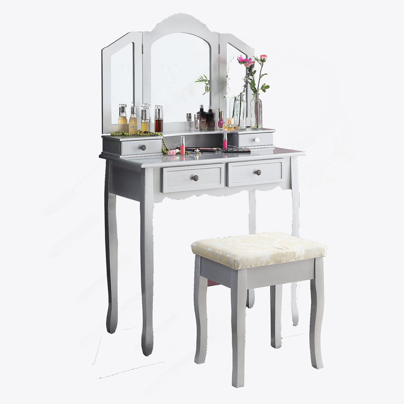Ensemble coiffeuse et tabouret en bois, Argent
