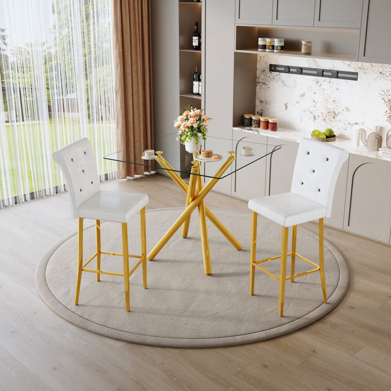 Ensemble de 2 tables de bar et tabourets de bar à hauteur fixe Modern, Doré, Blanc / Doré
