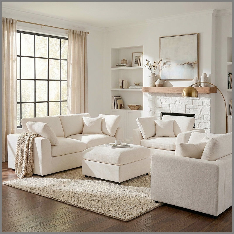 Ensemble de canapé 4 pièces, 2 fauteuils d'appoint + causeuse + repose-pieds mobile, ensemble de canapé revêtu de chenille avec structure en bois massif, comprend 3 coussins décoratifs, ensemble de mobilier de salon moderne