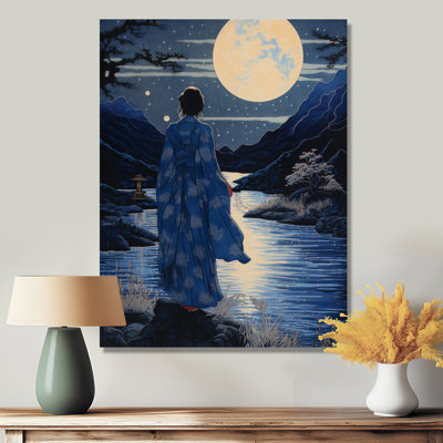 «Blue Kimono Full Moon River Beauty», art mural asiatique