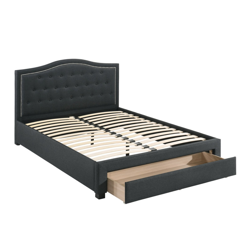 Lit de grand lit en tissu gris anthracite en toile de jute avec tiroir et capitonnage, Queen