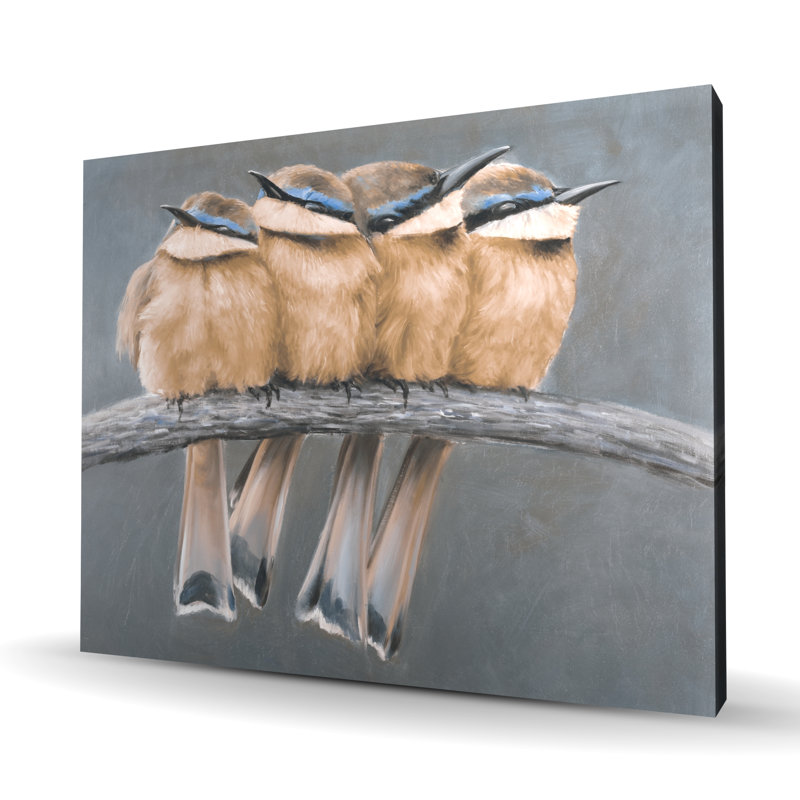 Quatre oiseaux sur une branche - Toile beige pour décoration intérieure, H 60 po x l 48 po