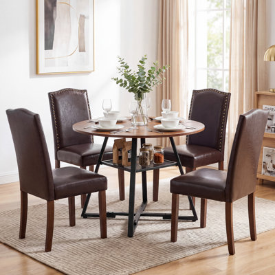 Industrial Kitchen Table and Chairs Set with Mesh Storage Shelf, Modern Dining Room Set with Upholstered Solid Wood Chairs for Home