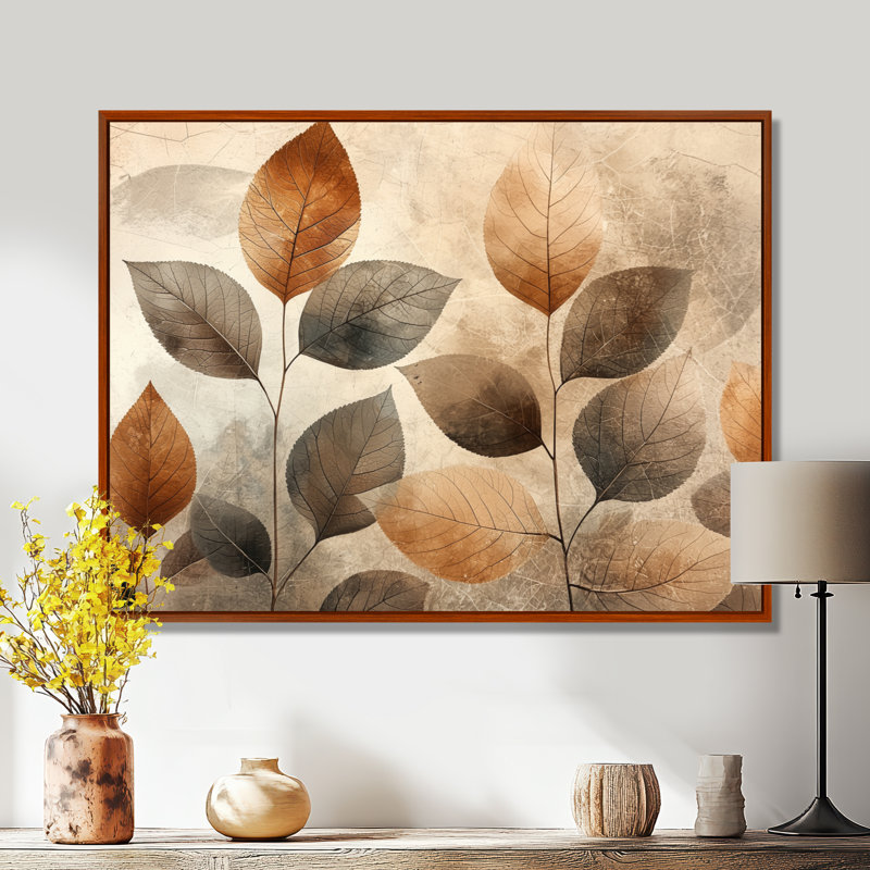 Taupe, feuilles, mosaïque, collage III - feuilles, art mural, H 30 po x l 40 po, Impression encadrée flottante, Brun