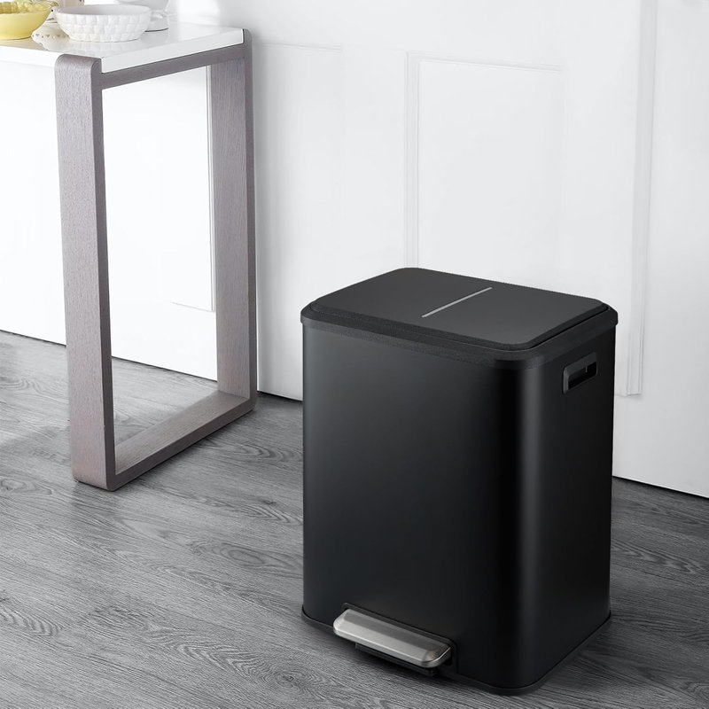 Poubelle, poubelle double en acier inoxydable 2 x 4 gallons (2 x 15 L) avec couvercle à fermeture en douceur et seaux intérieurs amovibles, poubelle à pédale pour cuisine