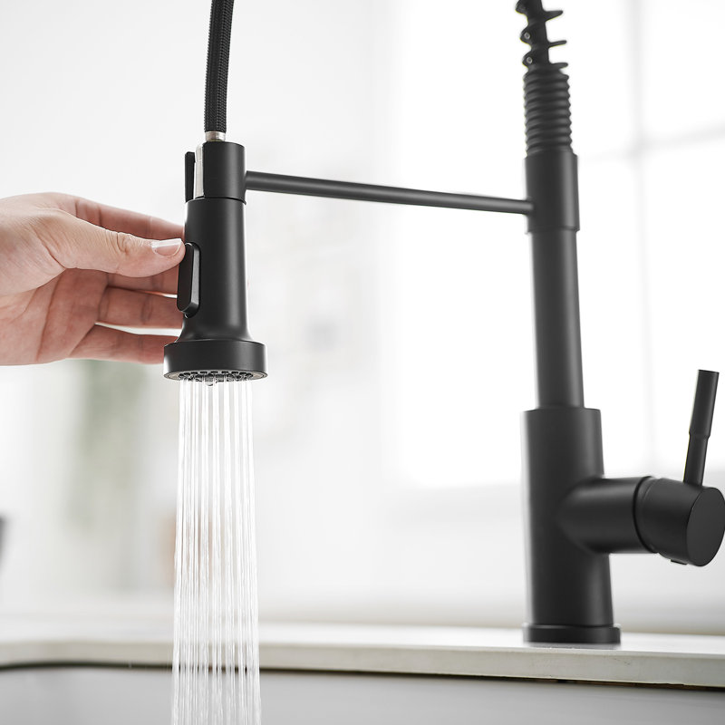 Robinet de cuisine moderne en acier inoxydable noirci avec douchette extractible et poignée simple noire