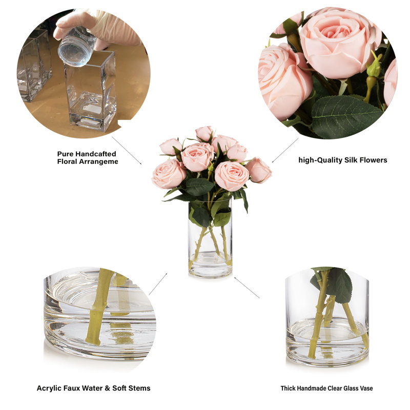 Light Pink Silk Rose Arrangement in Clear Glass Vase