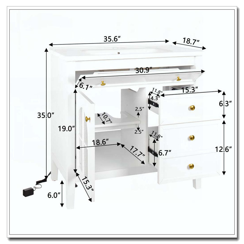 Armoire de salle de bain 35,6 po, White+Sink+1door