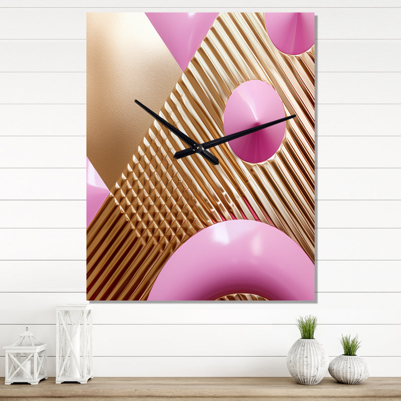Or et formes roses dans le chaos - Très grandes horloges murales géométriques modernes, H 28 po x l 12 po x P 1 po