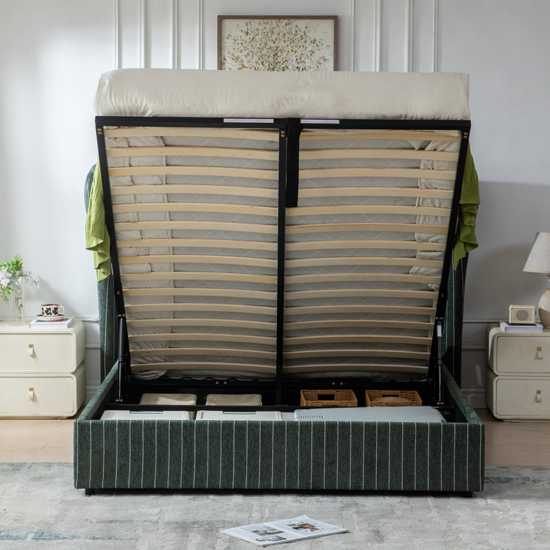 Lit plateforme de rangement relevable pneumatique rembourré avec tête de lit à oreilles, Queen, Green