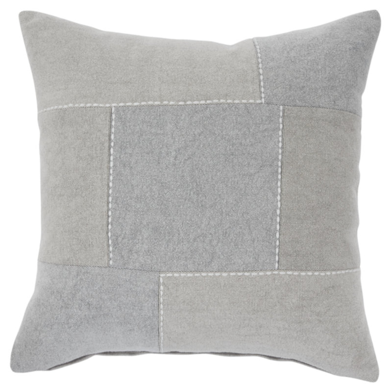 Gray and Tan Embroidered Square Patchwork Pillow