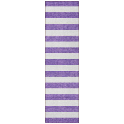 8' Runner Purple and White Striped Washable Non Skid Indoor Outdoor Runner Rug