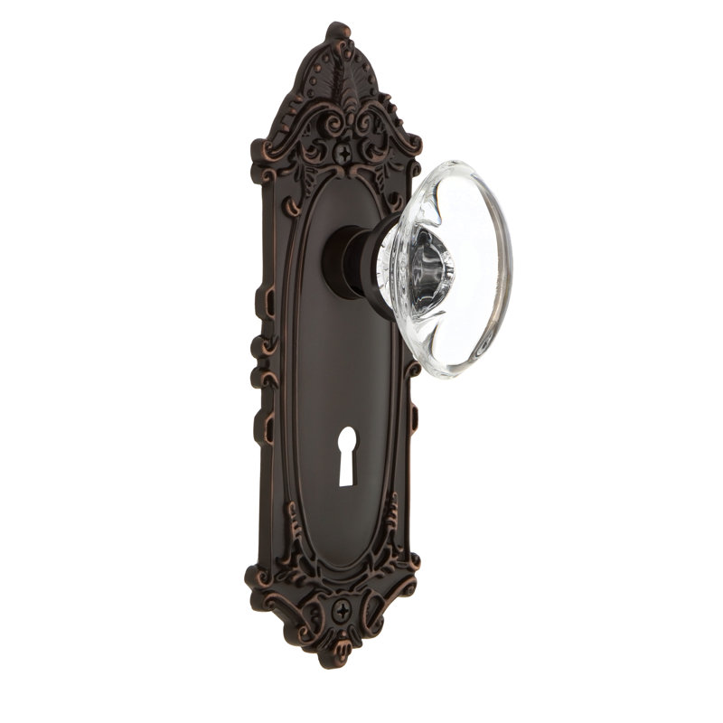 Crystal Oval Interior Mortise Door Knob with Victorian Long Plate, Timeless Bronze