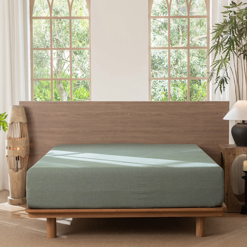 Drap-housse MooMee 100% coton lavé extra profond, Grand lit , Vert bruyère