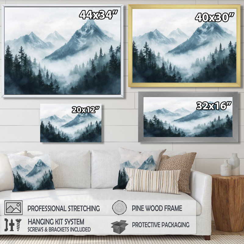 Gennell Misty Mountain Morning II - Montagnes, impressions encadrées, H 28 po x l 60 po, Toile tendue, Ne s’applique pas