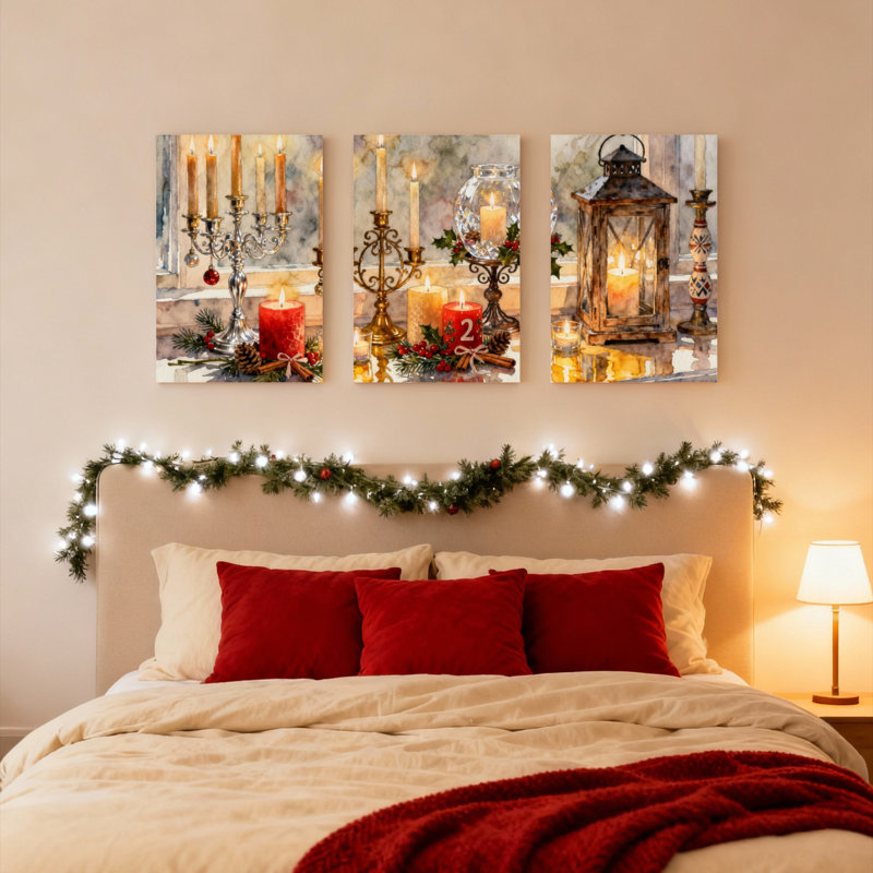Ensemble de 3 tableaux sur toile représentant des bougies et des lanternes de Noël, pour la décoration du salon, de la chambre et de la maison.