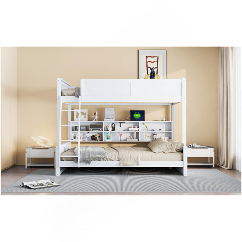 Lit superposé avec armoires de rangement et ports USB, blanc antique, Lit double, Blanc antique